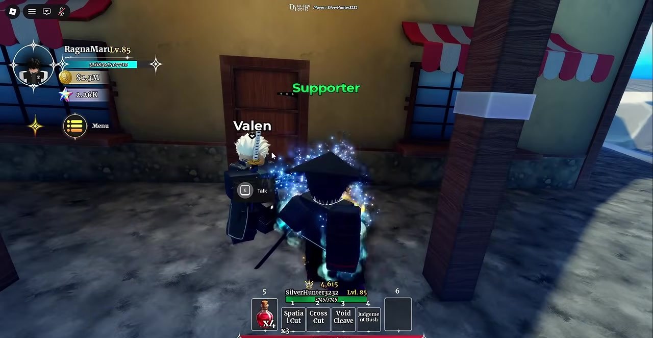 Valen NPC nameplate with E Talk prompt at the house door