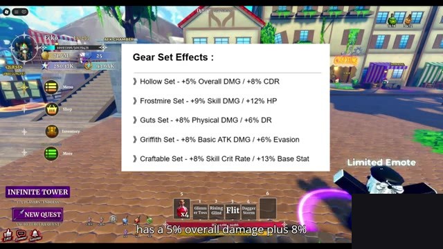 Dungeon Lootr Update 3.5 Gear Set Effects slide listing the Hollow, Frostmire, Guts, Griffith and Craftable set bonuses