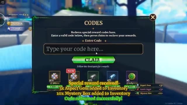 Dungeon Lootr Codes box after VASTO was entered, showing Special reward received, 3x Aspect Gem and 10x Mystery Box added to Inventory and Code redeemed successfully